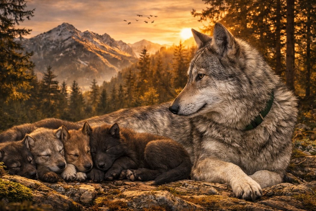 Des Terres de Winoha — chien loup et chiots au coucher de soleil